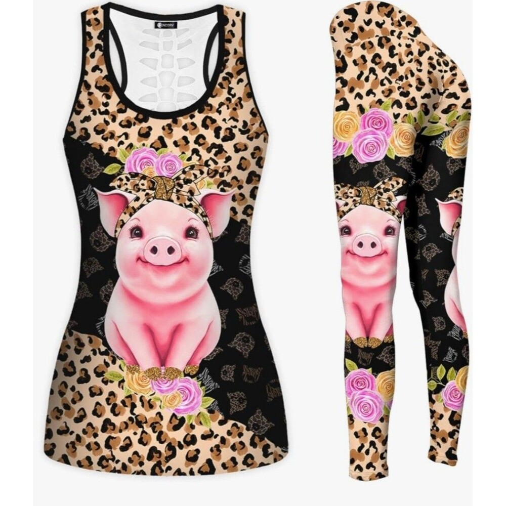 Women’s Leopard Pig Print Workout YOGA Set Leggings Tank Top   NWOT Size Large